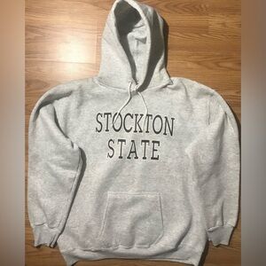 Vintage Velva Sheen USA Made Hoodie Heather Gray Stockton State Logo XL